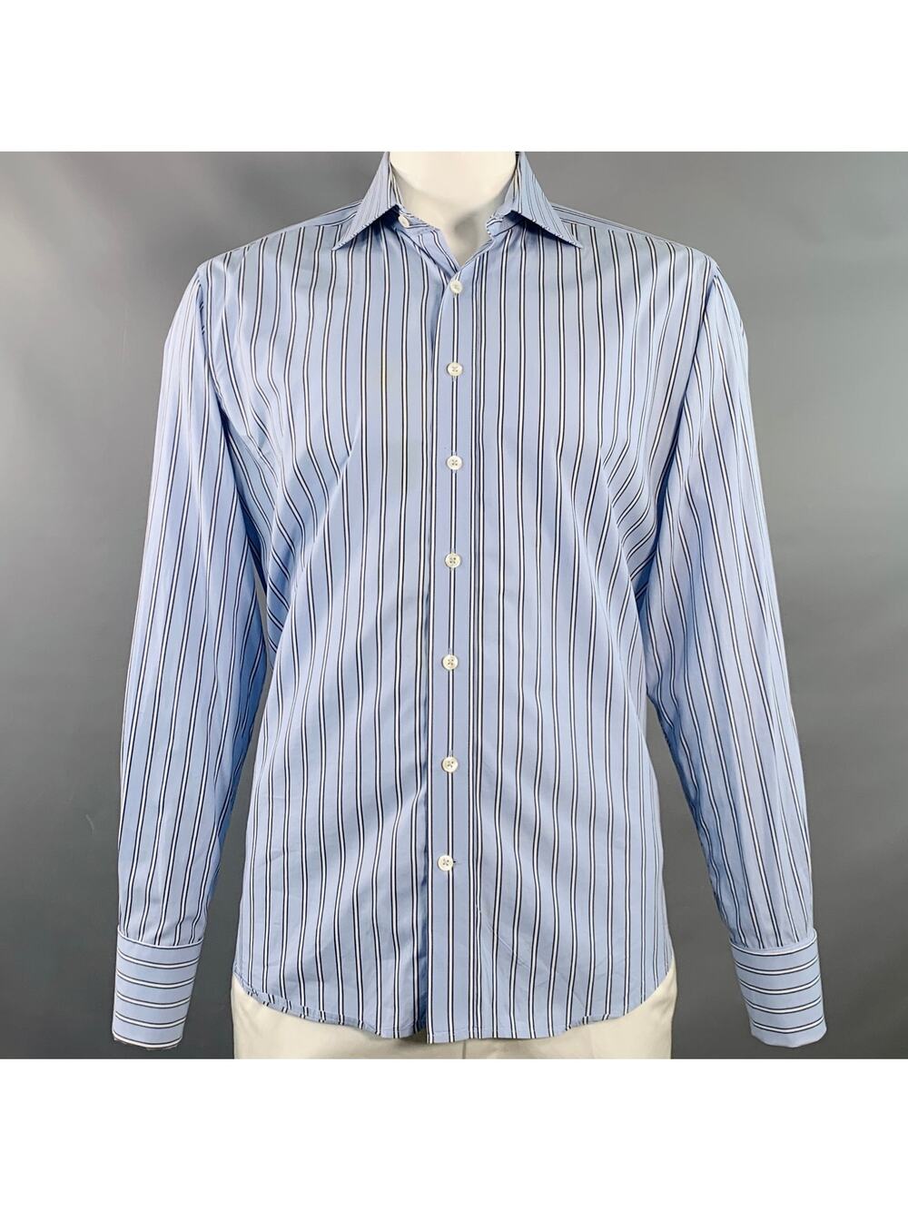 CAFE COTON Size L Blue Navy White Stripe Cotton French Cuffs Long Sleeve Shirt